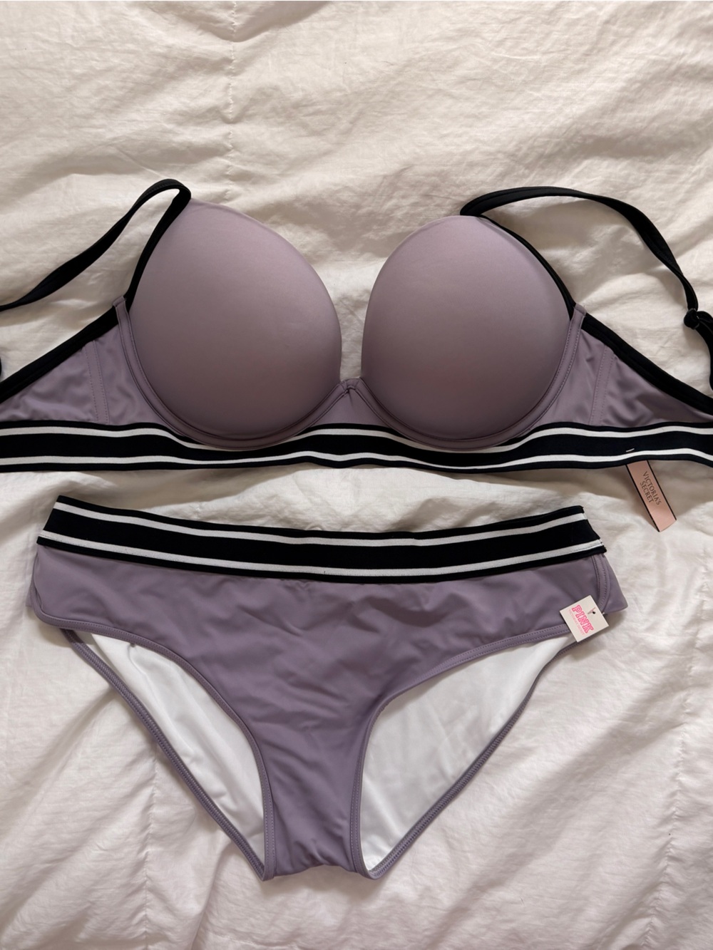 Victoria's Secret PINK Lavender Bikini with Black & White Stripe Band Large